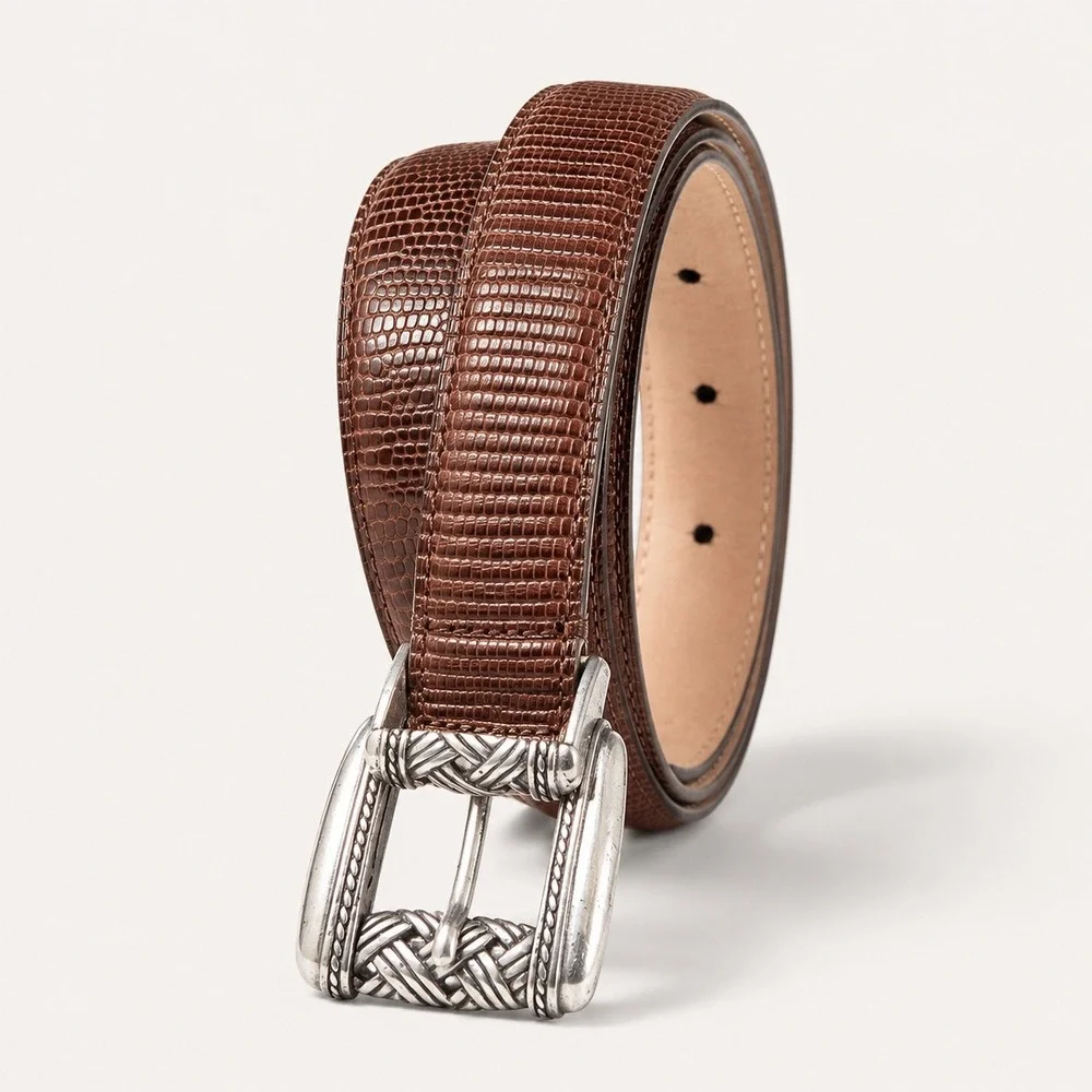 Brighton Womens Brown Lizard Embossed Leather Belt Size L Silver Buckle Western
